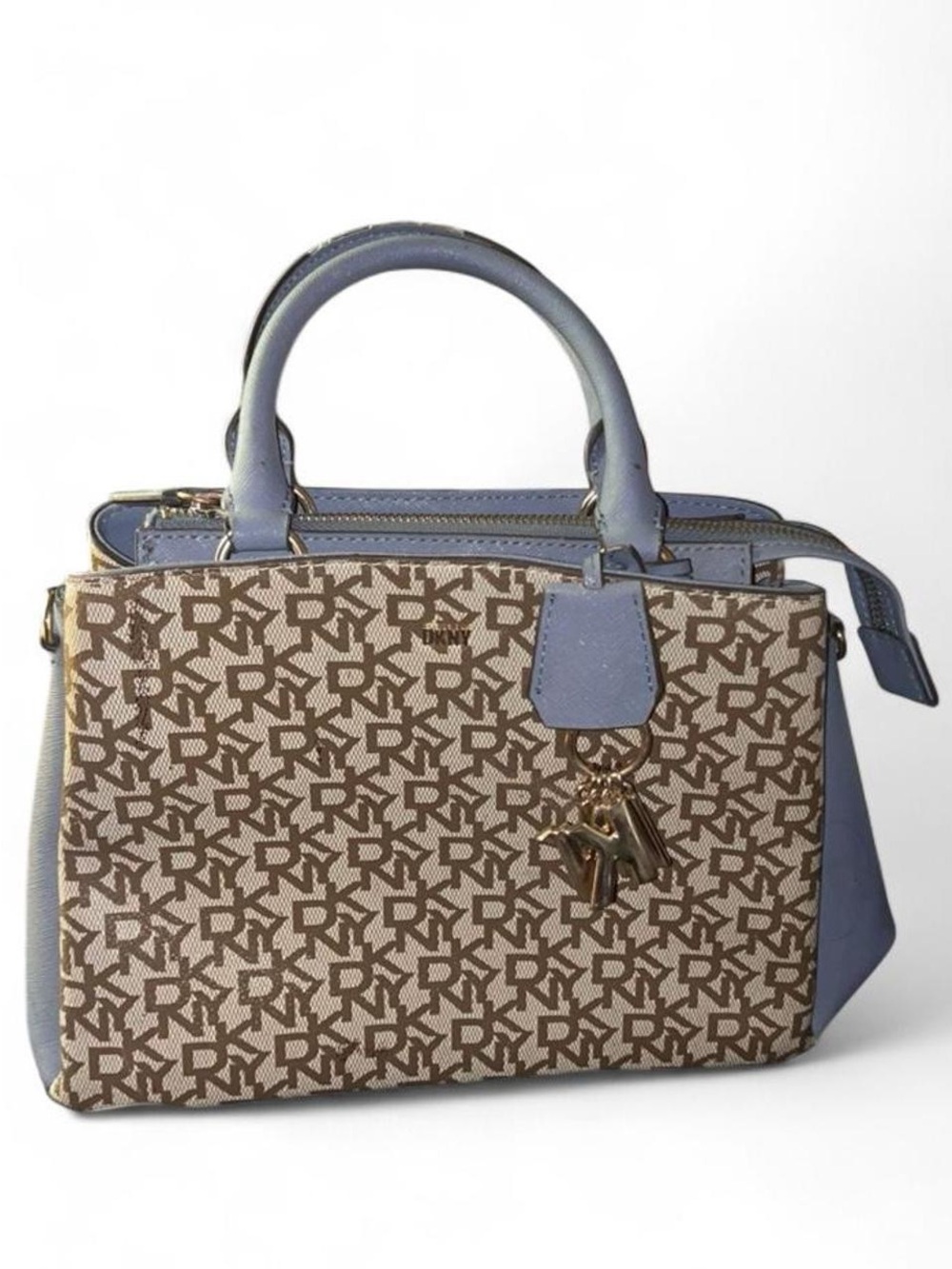 DKNY Blue Trim Brown Monogram Satchel with Charm